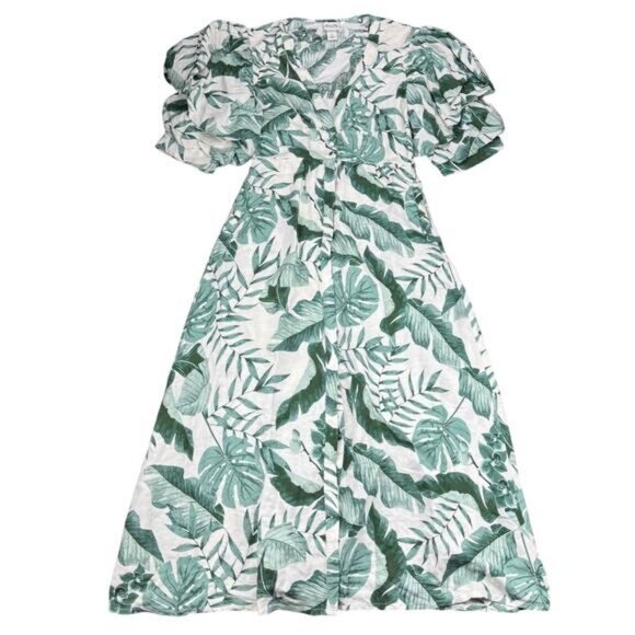JOHANNA ORTIZ X H&M Linen Midi Dress Tropical Green Leaf Print Size XS - Picture 5 of 10
